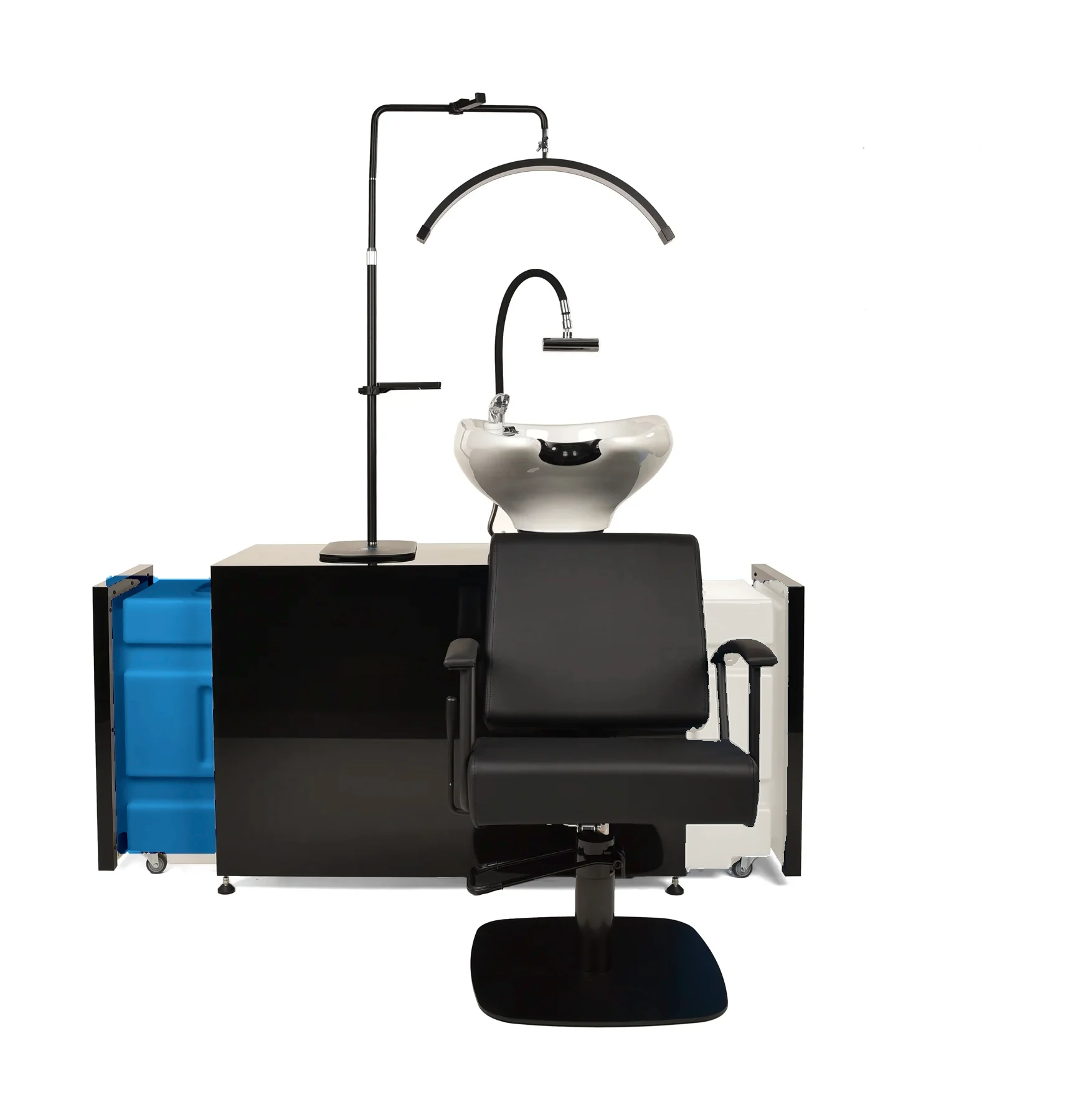 The full HBS station: basin with both tanks out, Basin Chair, Half Moon LED light and Shower Spa